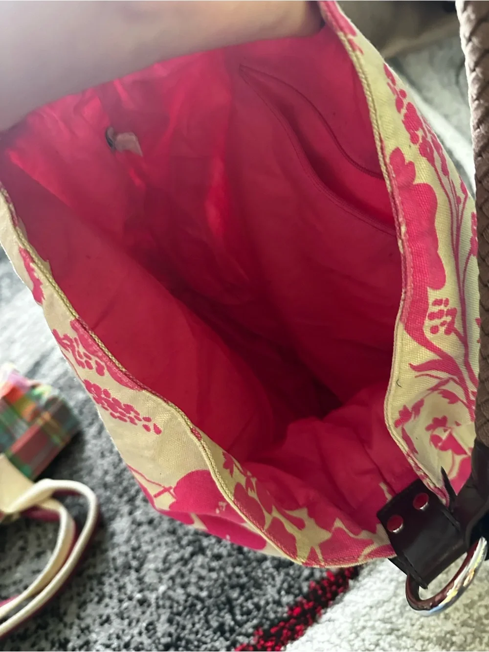 Old Navy Pink Floral Canvas Hobo Bag with Braided Handle